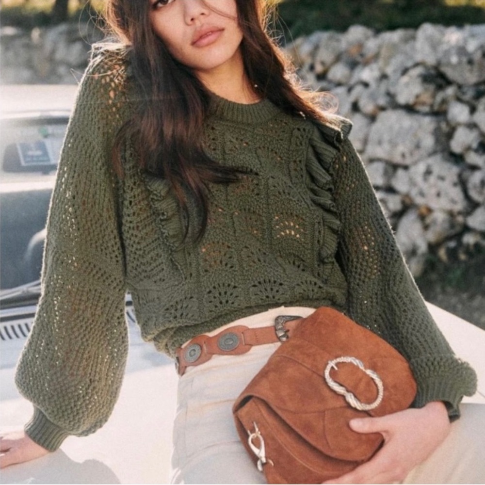 Sezane Olive Green Crochet Knit Sweater
